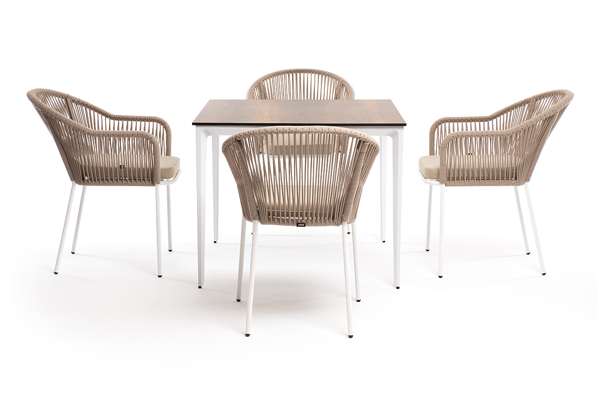 фото "малага" обеденная группа на 4 персоны со стульями "лион", каркас белый, роуп бежевый