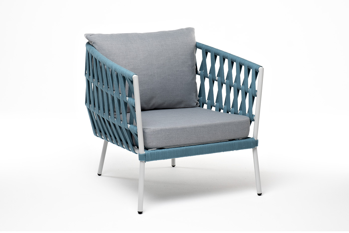 фото "диего" кресло плетеное из роупа, каркас алюминий светло-серый (ral7035) муар, роуп бирюзовый круглый, ткань светло-серая