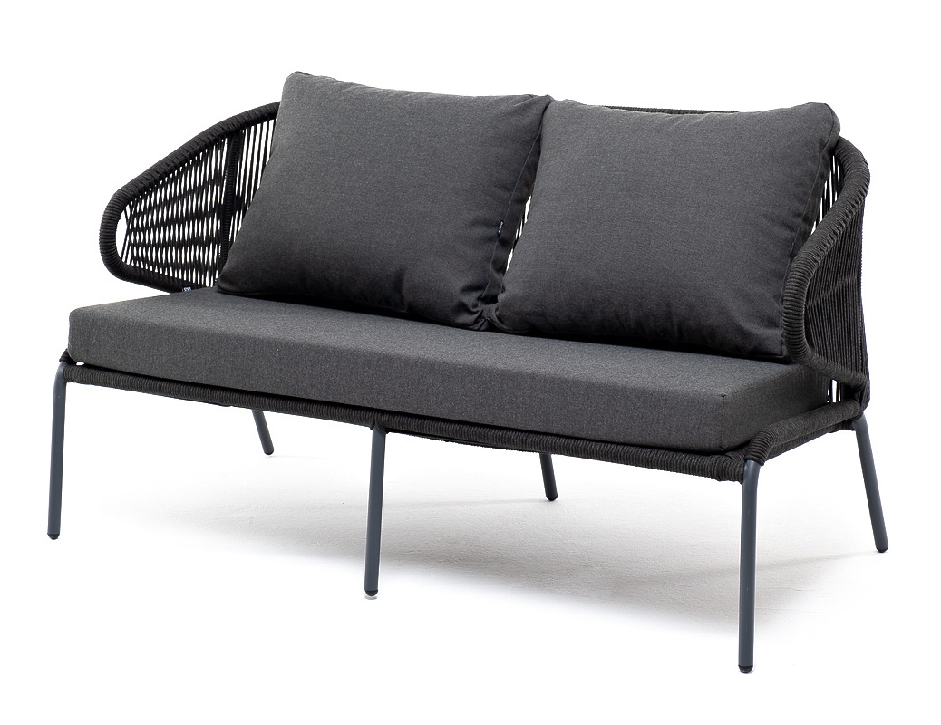 фото "милан" диван 2-местный плетеный из роупа, каркас алюминий темно-серый (ral7024) муар, роуп темно-серый круглый, ткань темно-серая 027
