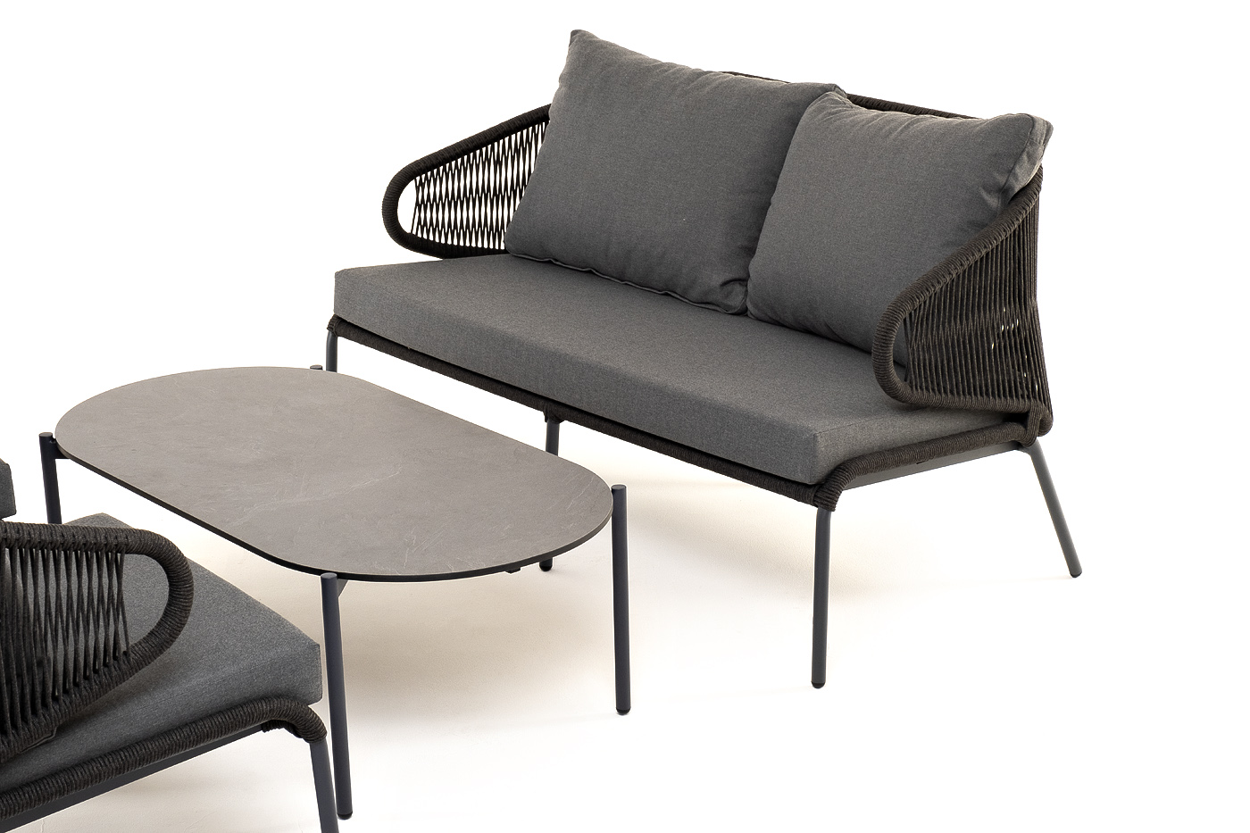 фото "милан" лаунж-зона 4-местная плетеная из роупа (веревки), каркас алюминиевый темно-серый, роуп темно-серый