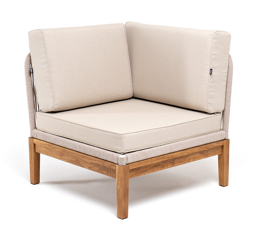 фото "канны" угловой модуль плетеный из роупа, основание дуб, роуп бежевый круглый, ткань бежевая 052