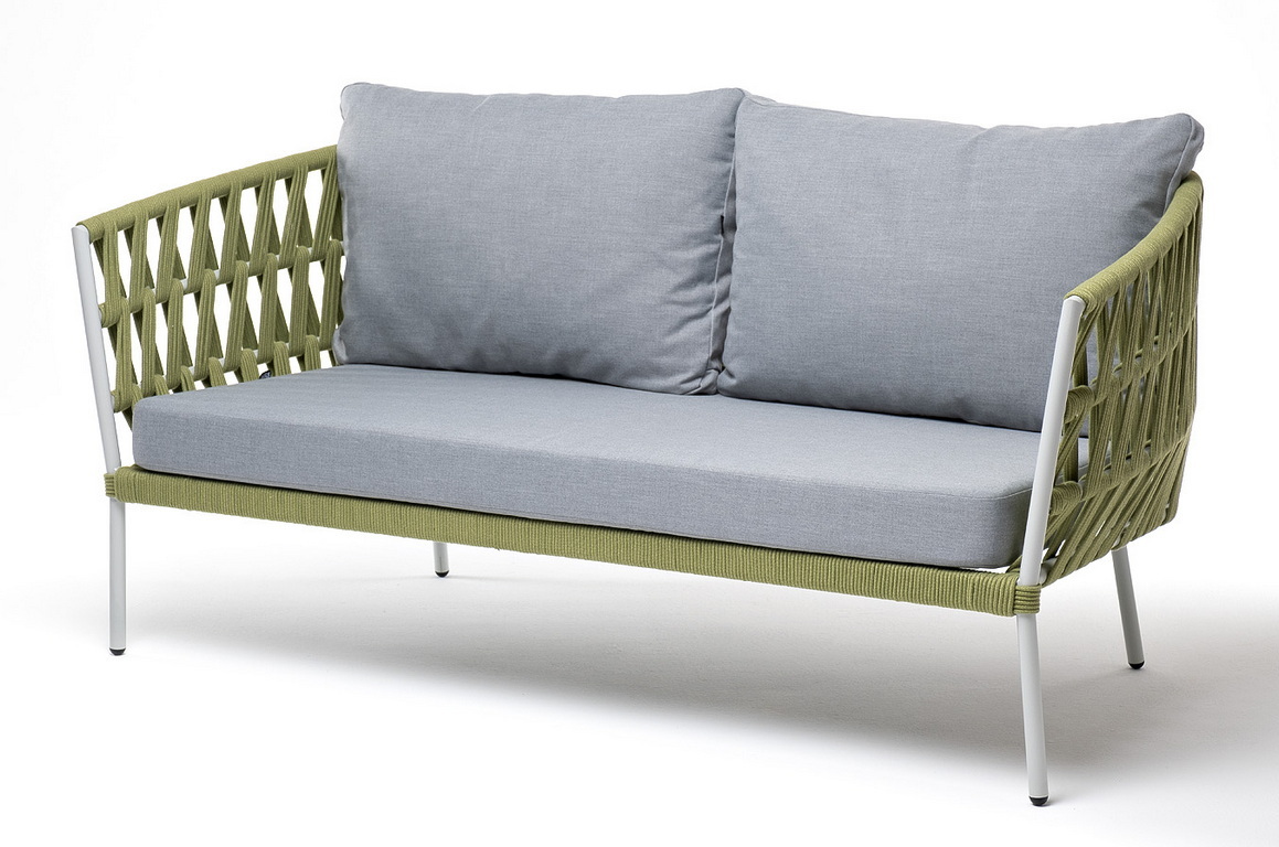фото "диего" диван 2-местный плетеный из роупа, каркас алюминий светло-серый (ral7035) муар, роуп салатовый меланж круглый, ткань светло-серая