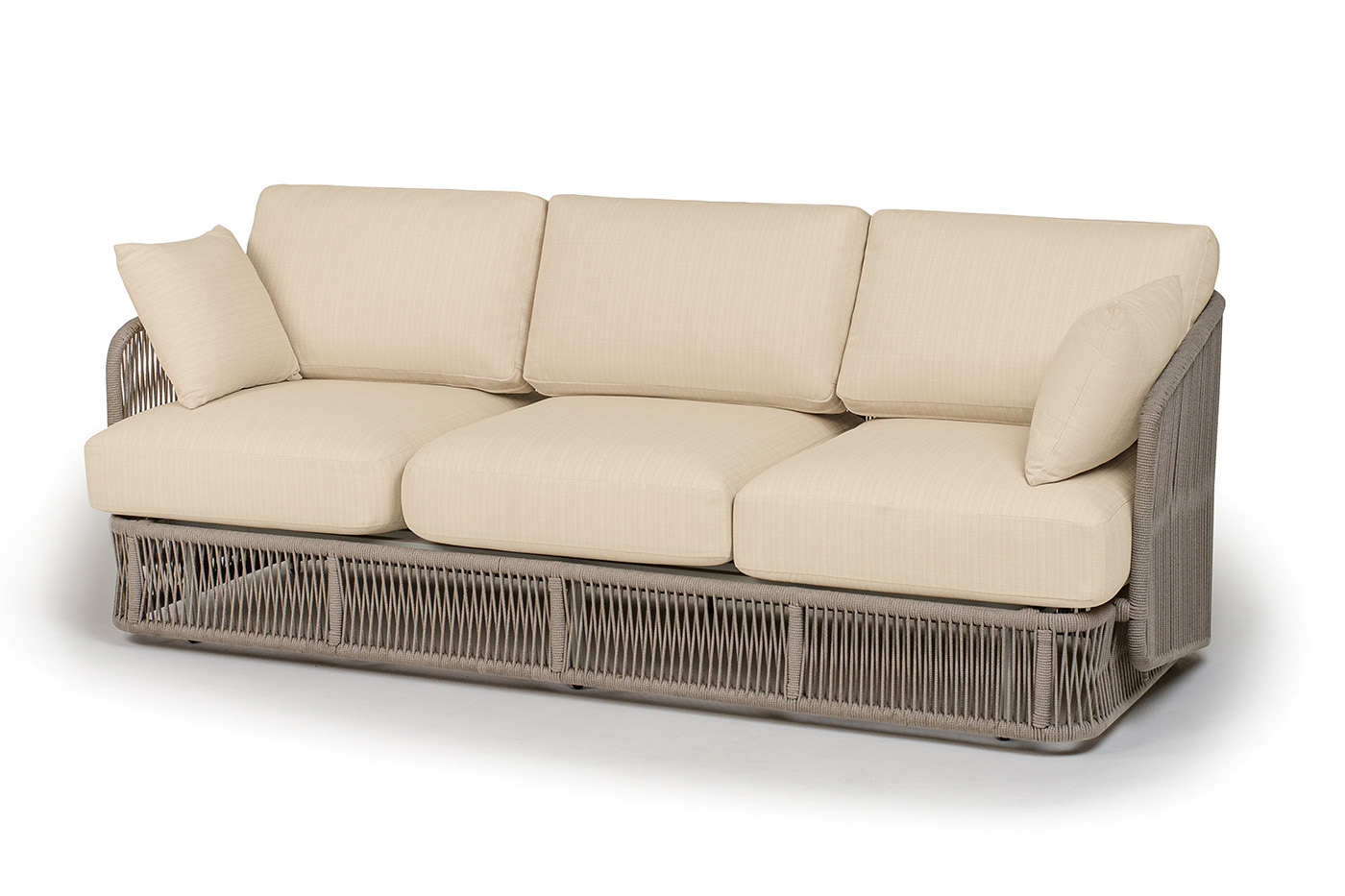 фото "альбано" диван 3-местный плетеный из роупа, каркас алюминий светло-серый (ral7035) муар, роуп серый меланж круглый, ткань mossle светло-бежевая