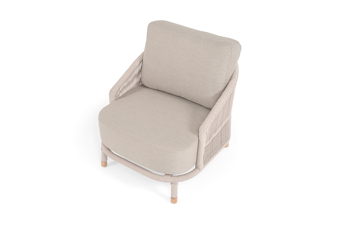 фото "верона" кресло плетеное из роупа, каркас алюминий белый муар, роуп бежевый круглый, ткань бежевая 15052