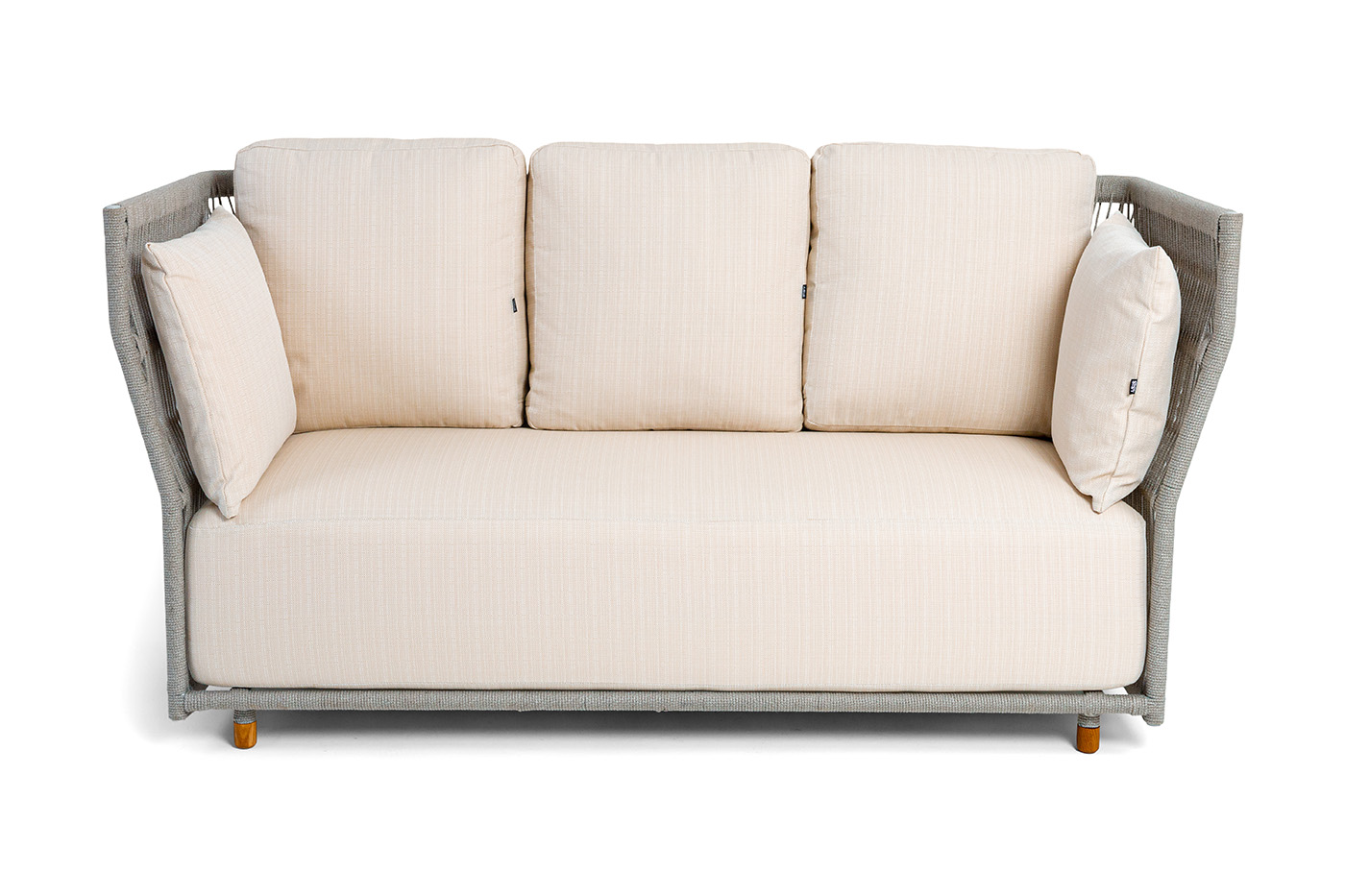 фото "лугано" диван 3-местный плетеный из роупа, каркас алюминий светло-серый (ral7035) муар, роуп серый меланж круглый, ткань mossle светло-бежевая