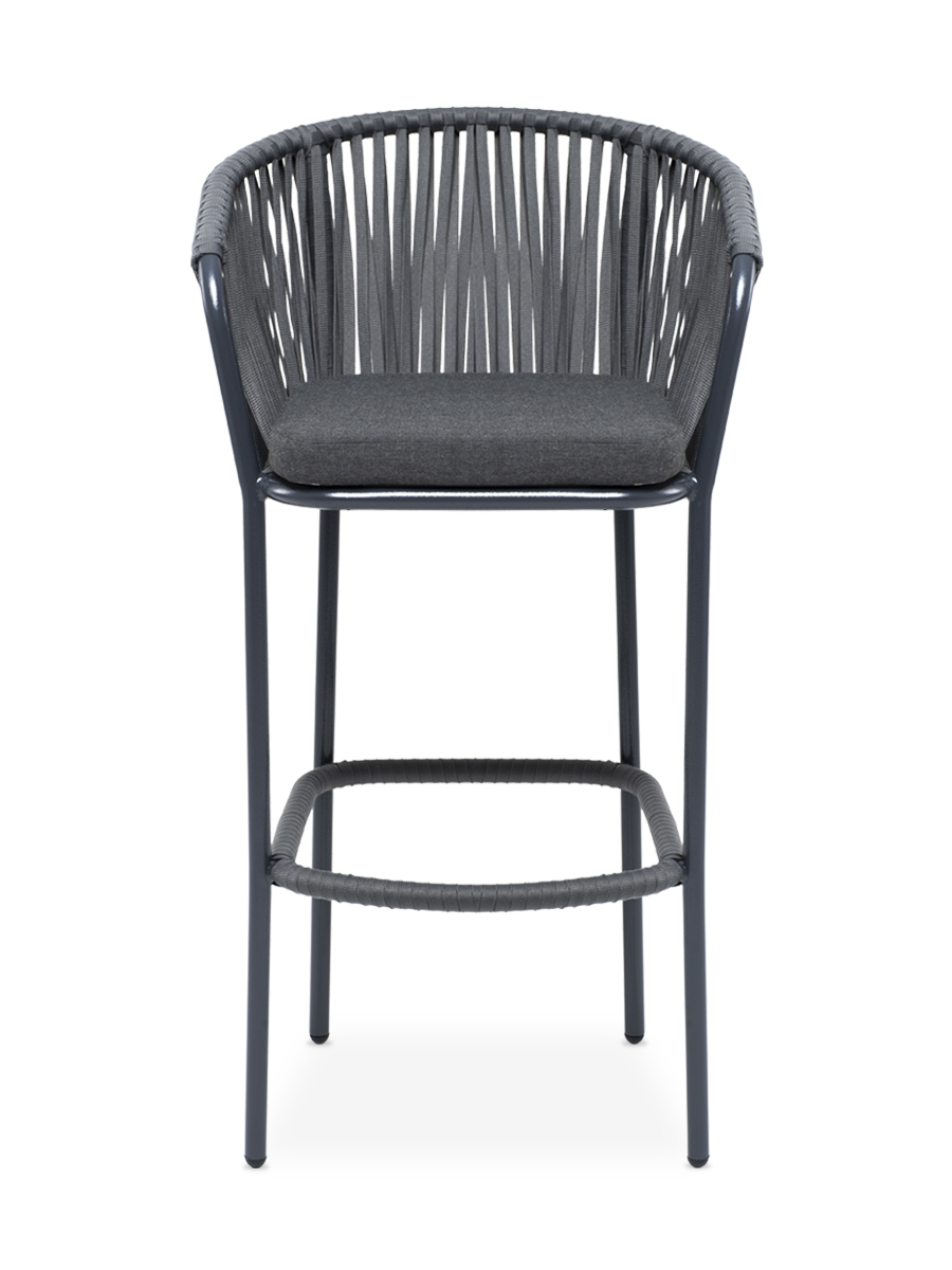 фото "бордо" стул барный плетеный из роупа, каркас из стали темно-серый (ral7024) муар, роуп серый 15мм, ткань темно-серая 027