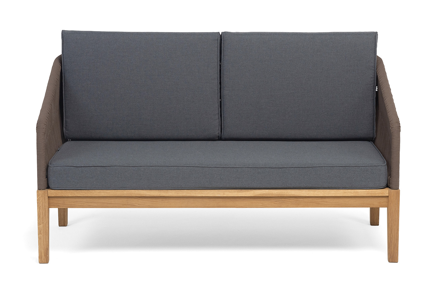 фото "канны" диван 2-местный плетеный из роупа, основание дуб, роуп коричневый круглый, ткань темно-серая 027 new