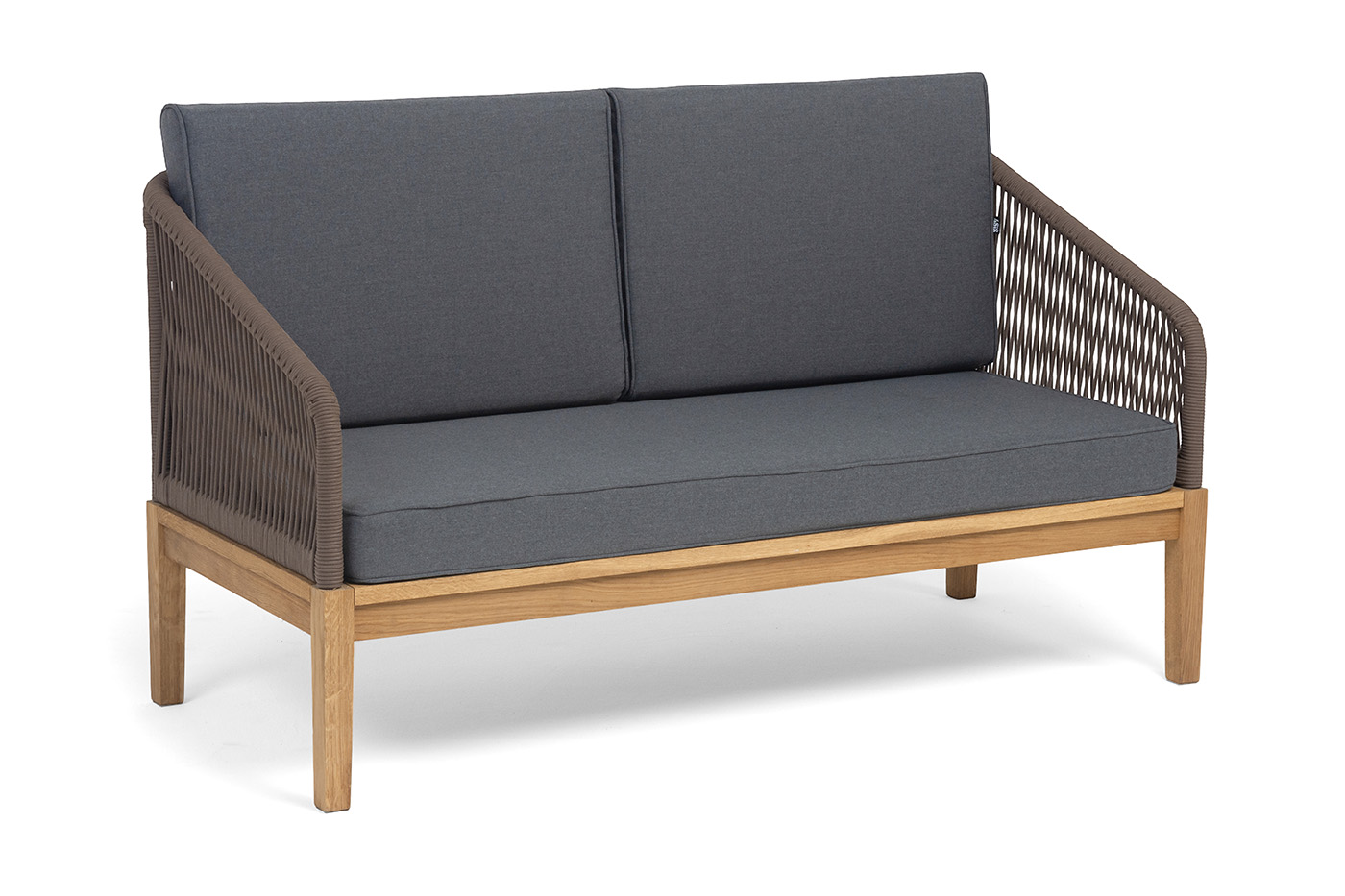 фото "канны" диван 2-местный плетеный из роупа, основание дуб, роуп коричневый круглый, ткань темно-серая 027 new