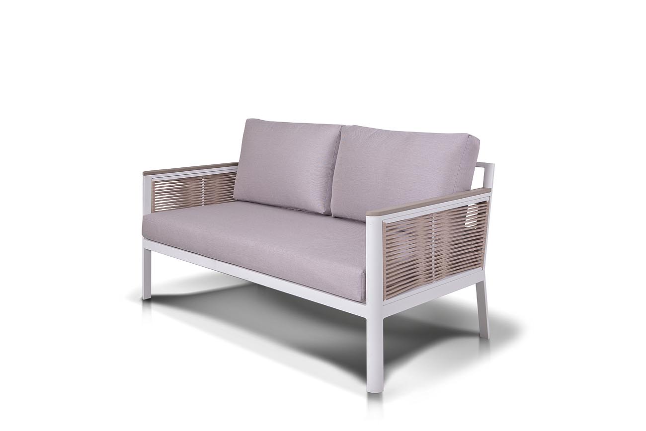 фото "сан ремо" диван 2-местный плетеный из роупа, каркас алюминий белый, роуп бежевый, ткань бежевая