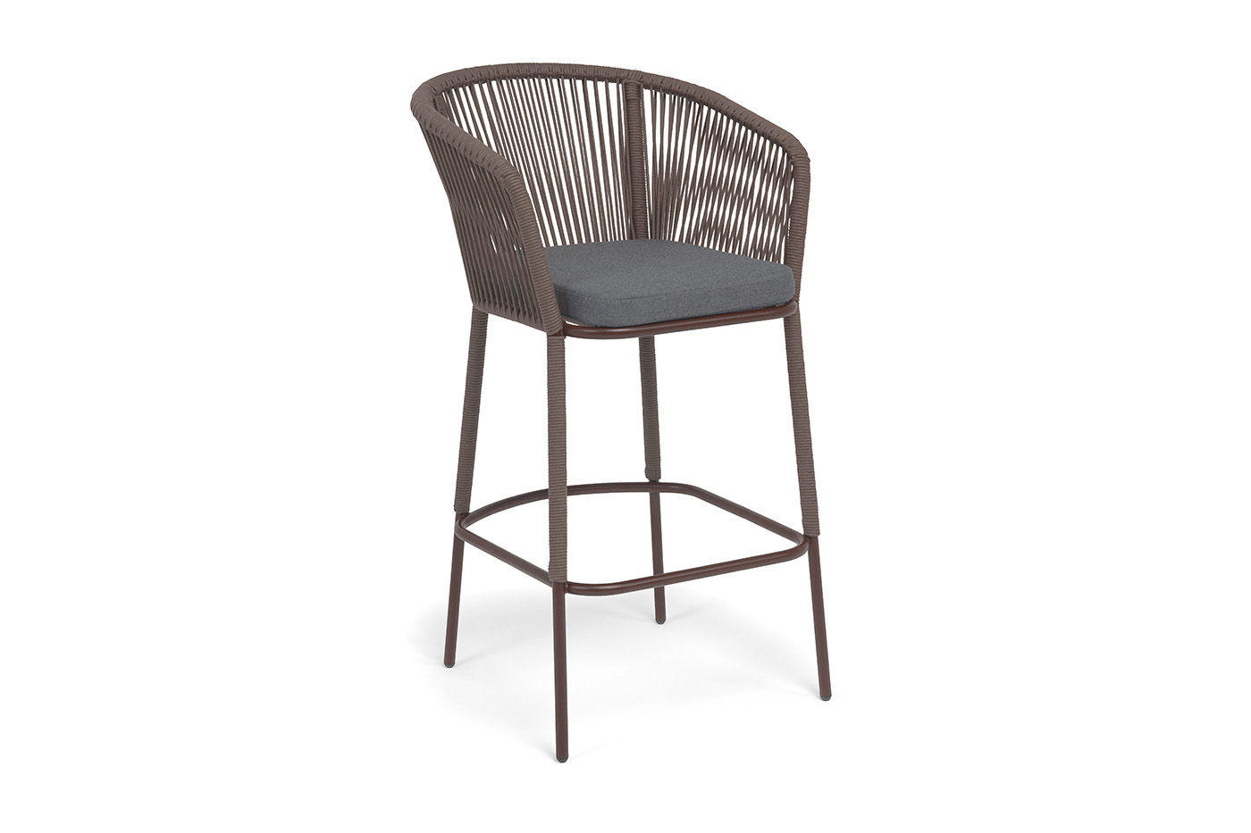 фото "марсель" стул барный плетеный из роупа, каркас из стали коричневый (ral8016) муар, роуп коричневый круглый, ткань темно-серая 027 new