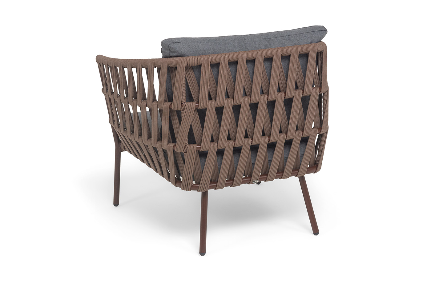 фото "диего" кресло плетеное из роупа, каркас алюминий коричневый (ral8016) муар, роуп коричневый круглый, ткань темно-серая 027