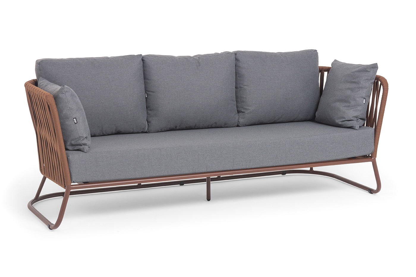 фото "багамы" диван 3-местный плетеный из роупа, каркас алюминий бежево-серый (ral7006) муар, роуп серо-коричневый 23мм, ткань светло-серая