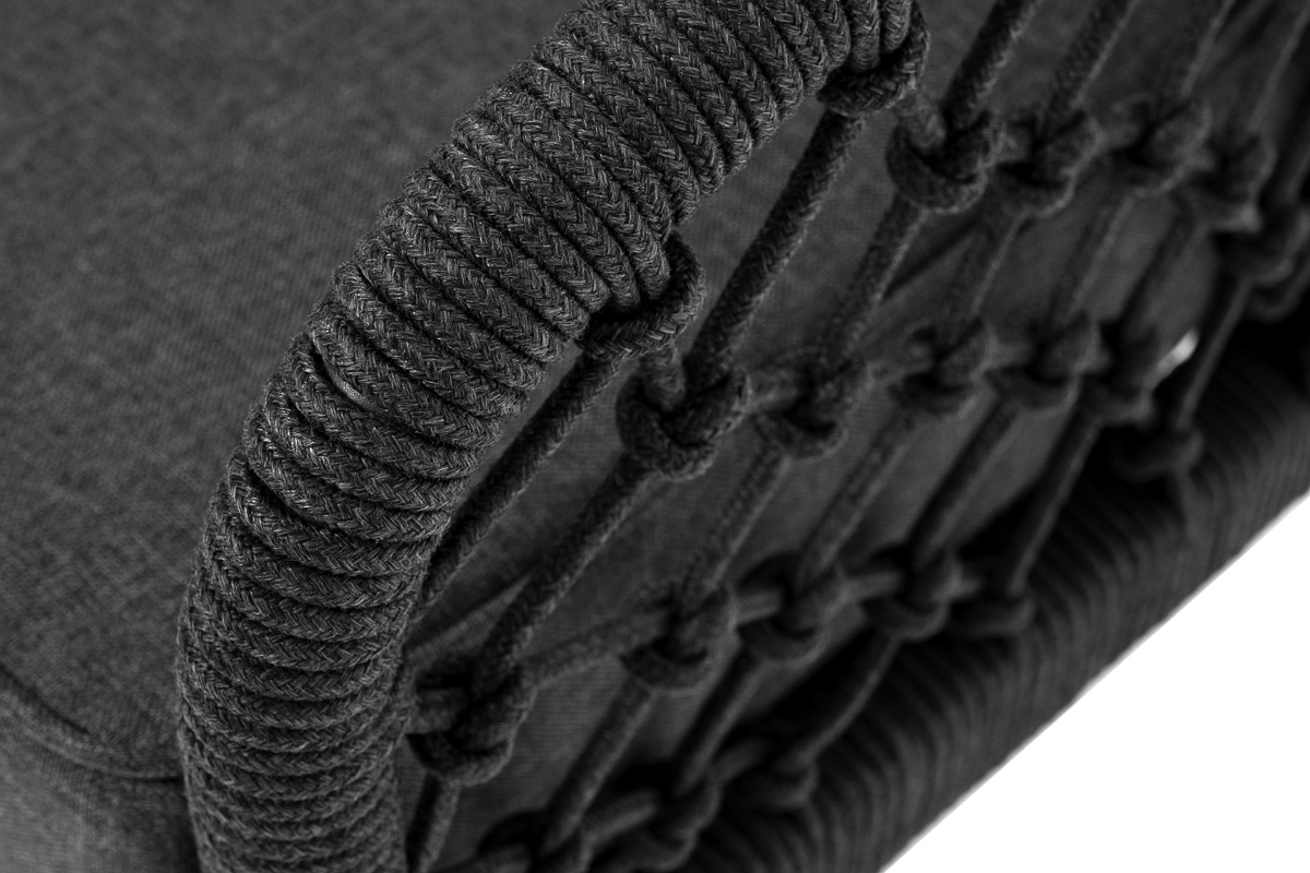 фото "канны" диван 2-местный плетеный из роупа (узелки), каркас алюминий темно-серый (ral7024) муар, роуп темно-серый круглый, ткань темно-серая 027