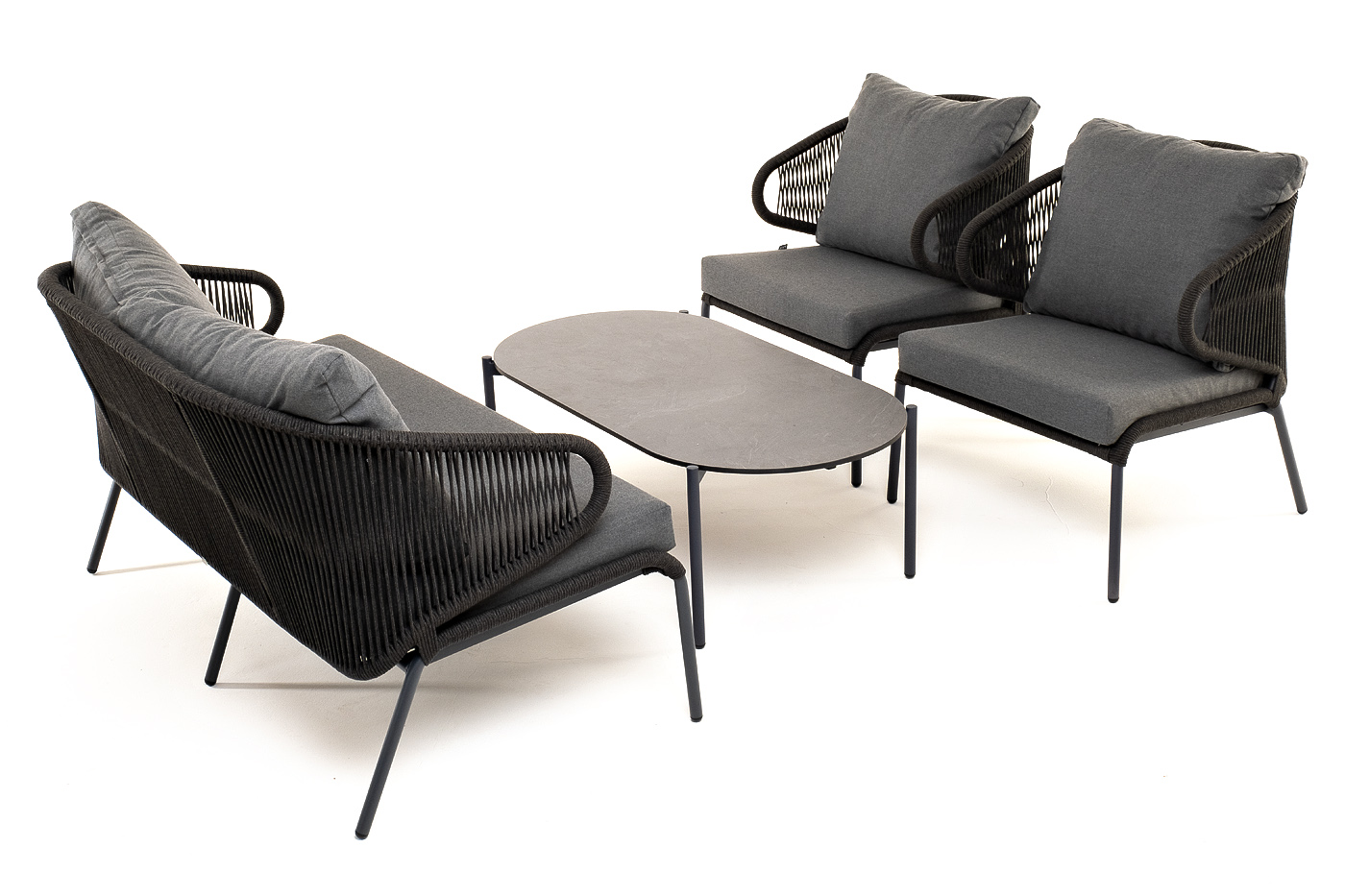 фото "милан" лаунж-зона 4-местная плетеная из роупа (веревки), каркас алюминиевый темно-серый, роуп темно-серый