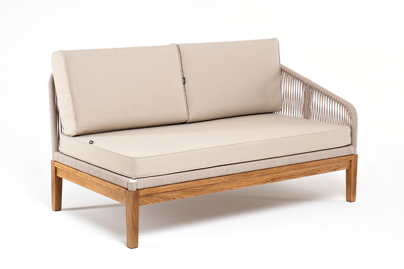 фото "канны" левый модуль плетеный из роупа, основание дуб, роуп бежевый круглый, ткань бежевая 052