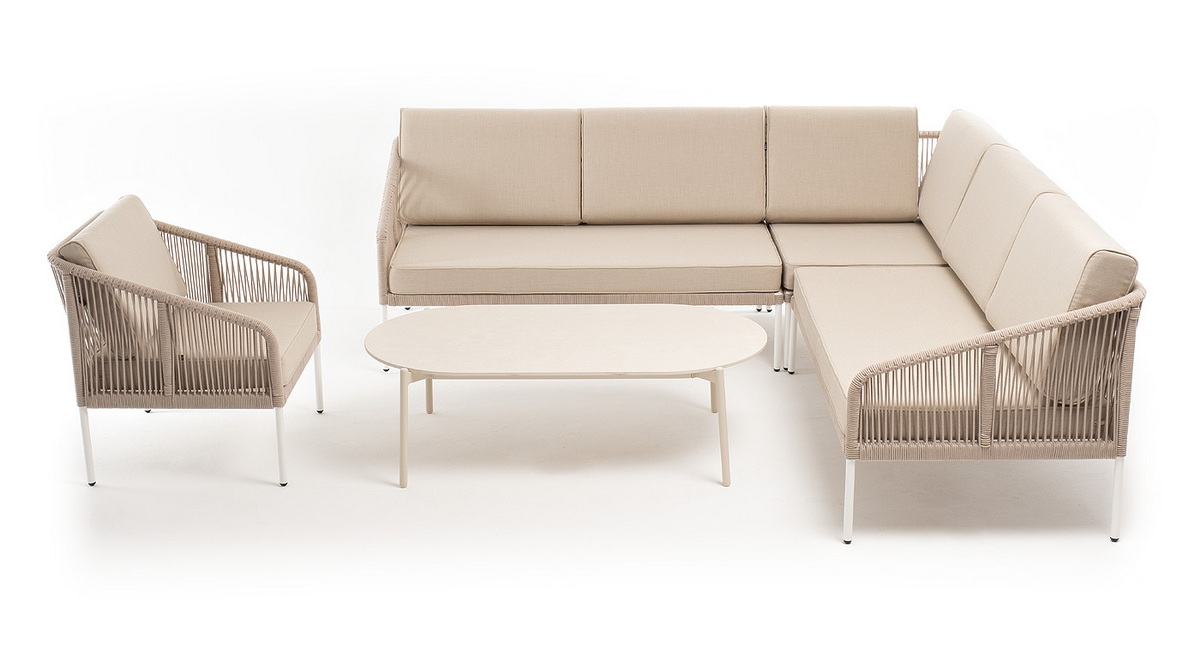 фото "канны" модульная угловая лаунж-зона из роупа (веревки) со столом "диего" (молочный), цвет бежевый