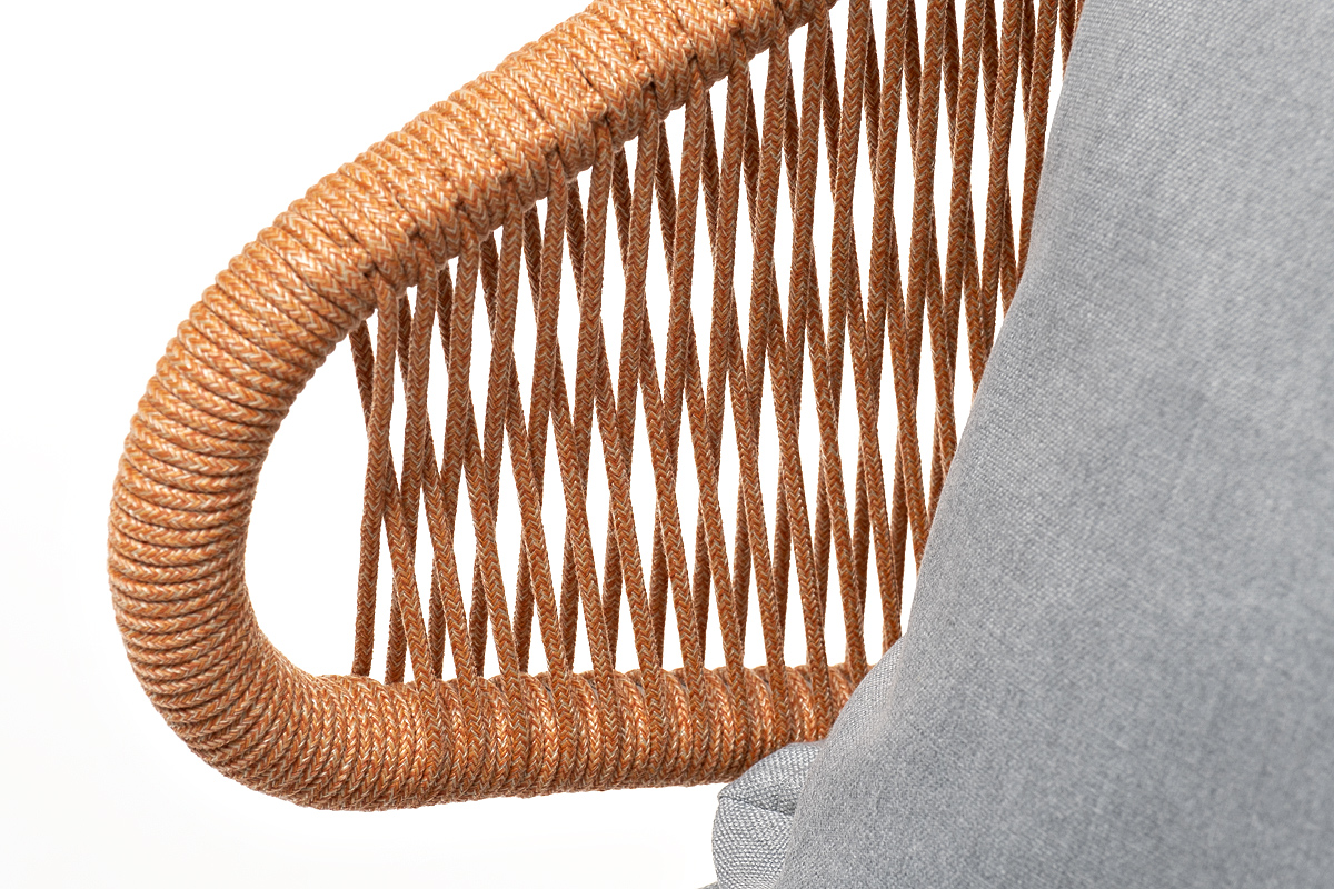 "Милан" кресло плетеное из роупа, каркас алюминий светло-серый (RAL7035) муар, роуп оранжевый меланж круглый, ткань светло-серая фото "милан" кресло плетеное из роупа, каркас алюминий светло-серый (ral7035) муар, роуп оранжевый меланж круглый, ткань светло-серая