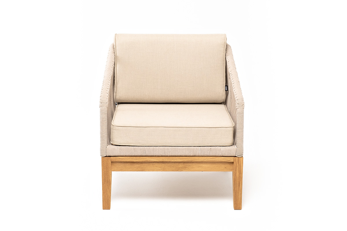 фото "канны" кресло плетеное из роупа, основание дуб, роуп бежевый круглый, ткань бежевая 15052