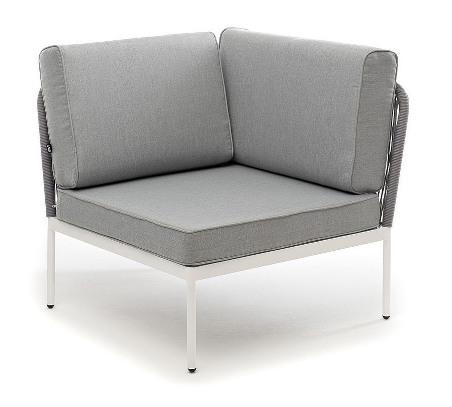 фото "канны" угловой модуль плетеный из роупа, каркас алюминий белый шагрень, роуп светло-серый круглый, ткань светло-серая