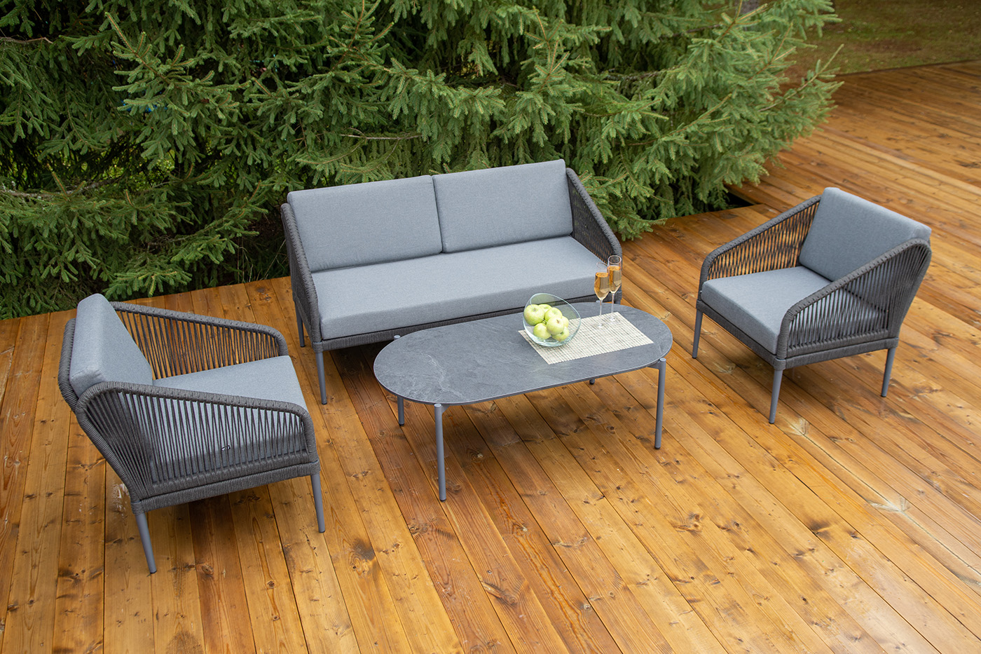 фото "канны" лаунж-зона 4-местная из роупа со столиком "диего" цвета "серый гранит", роуп темно-серый круглый, ткань темно-серая