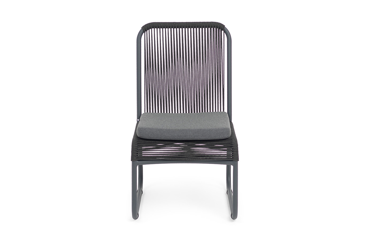 фото "ането" стул плетеный из роупа, каркас алюминий темно-серый (ral7024) муар, роуп темно-серый круглый, ткань темно-серая 027