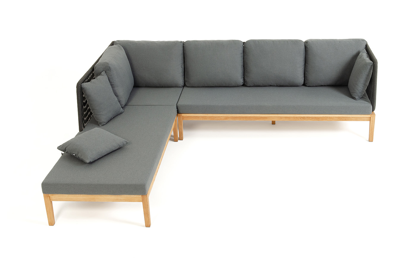 фото "каталония" диван модульный плетеный из роупа, основание дуб, роуп темно-серый круглый, ткань темно-серая 027