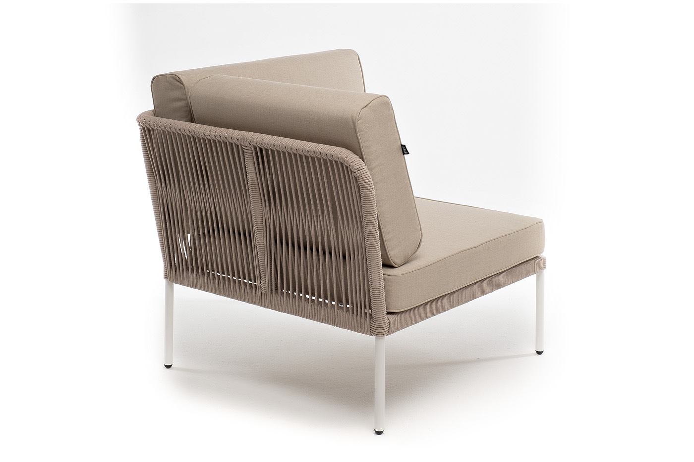 фото "канны" угловой модуль плетеный из роупа, каркас алюминий белый муар, роуп бежевый круглый, ткань бежевая 15052