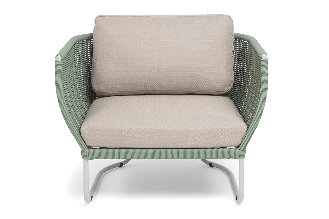 фото "фиджи" кресло плетеное из роупа, каркас алюминий светло-серый (ral7035) муар, роуп зеленый (4204) круглый tex, ткань mossle бежевая