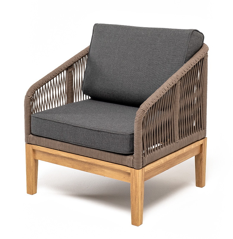 фото "канны" кресло плетеное из роупа, основание дуб, роуп коричневый круглый, ткань темно-серая 027