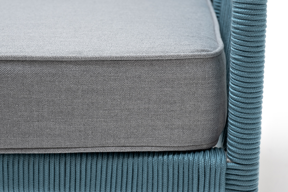 фото "канны" кресло плетеное из роупа, каркас алюминий светло-серый (ral7035) муар, роуп бирюзовый круглый, ткань светло-серая