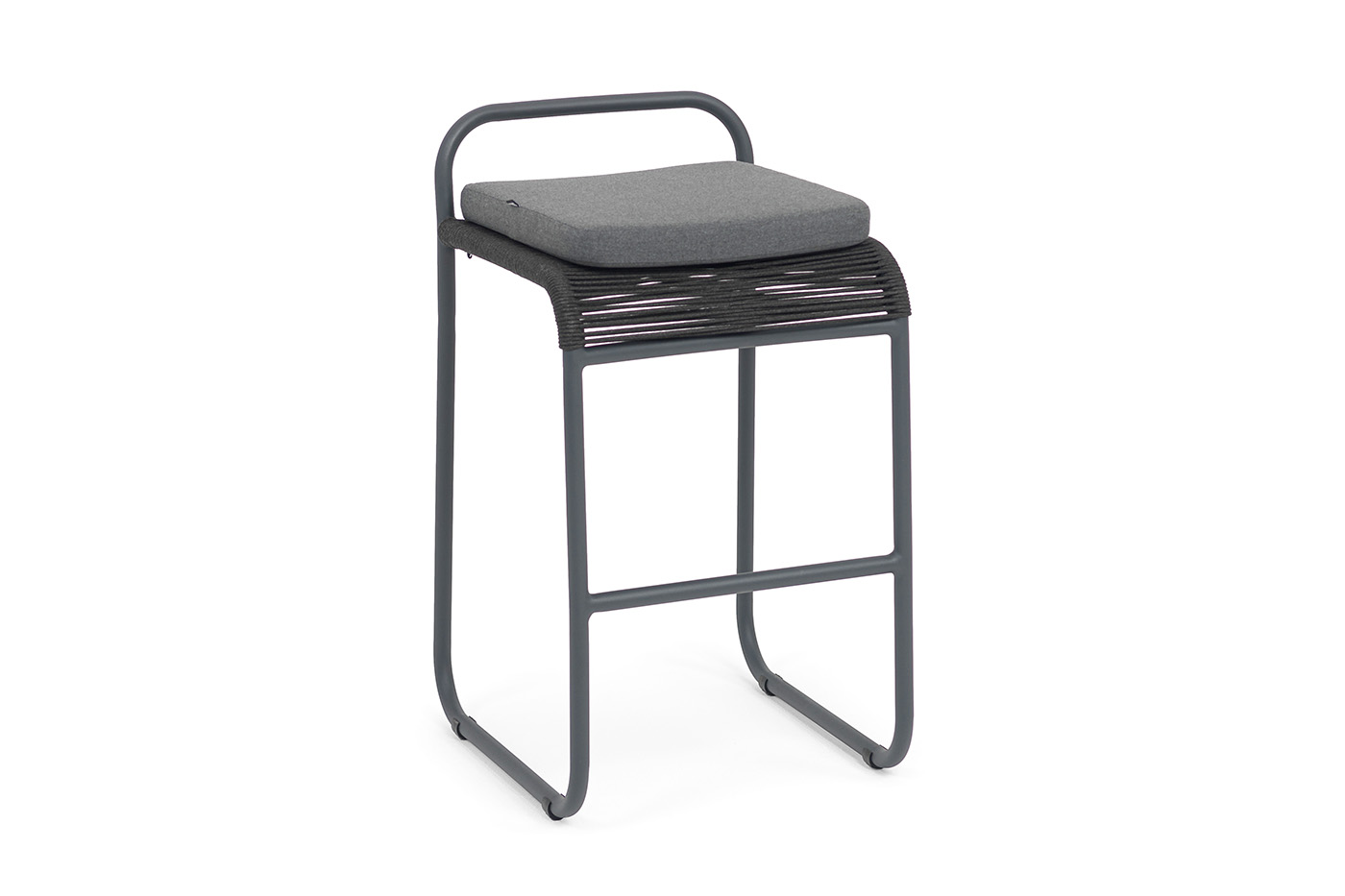 фото "ането" стул барный плетеный из роупа, каркас алюминий темно-серый (ral7024) муар, роуп темно-серый круглый, ткань темно-серая 027