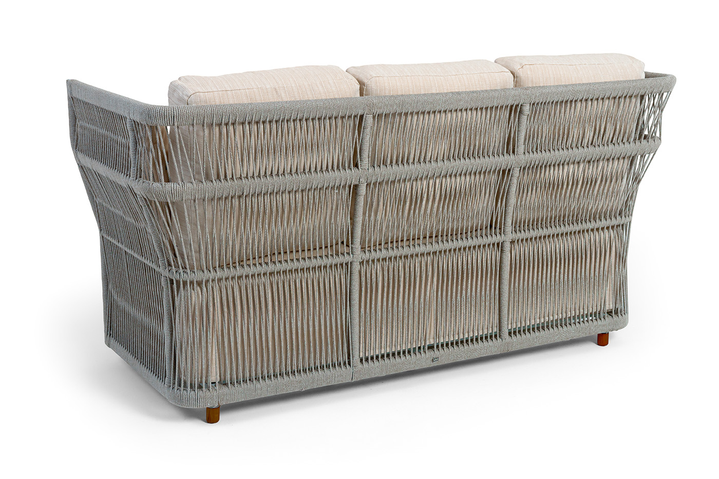 фото "лугано" диван 3-местный плетеный из роупа, каркас алюминий светло-серый (ral7035) муар, роуп серый меланж круглый, ткань mossle светло-бежевая