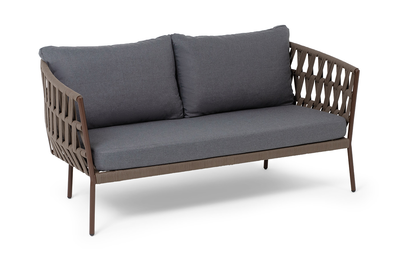 фото "диего" диван 2-местный плетеный из роупа, каркас алюминий коричневый (ral8016) муар, роуп коричневый круглый, ткань темно-серая 027