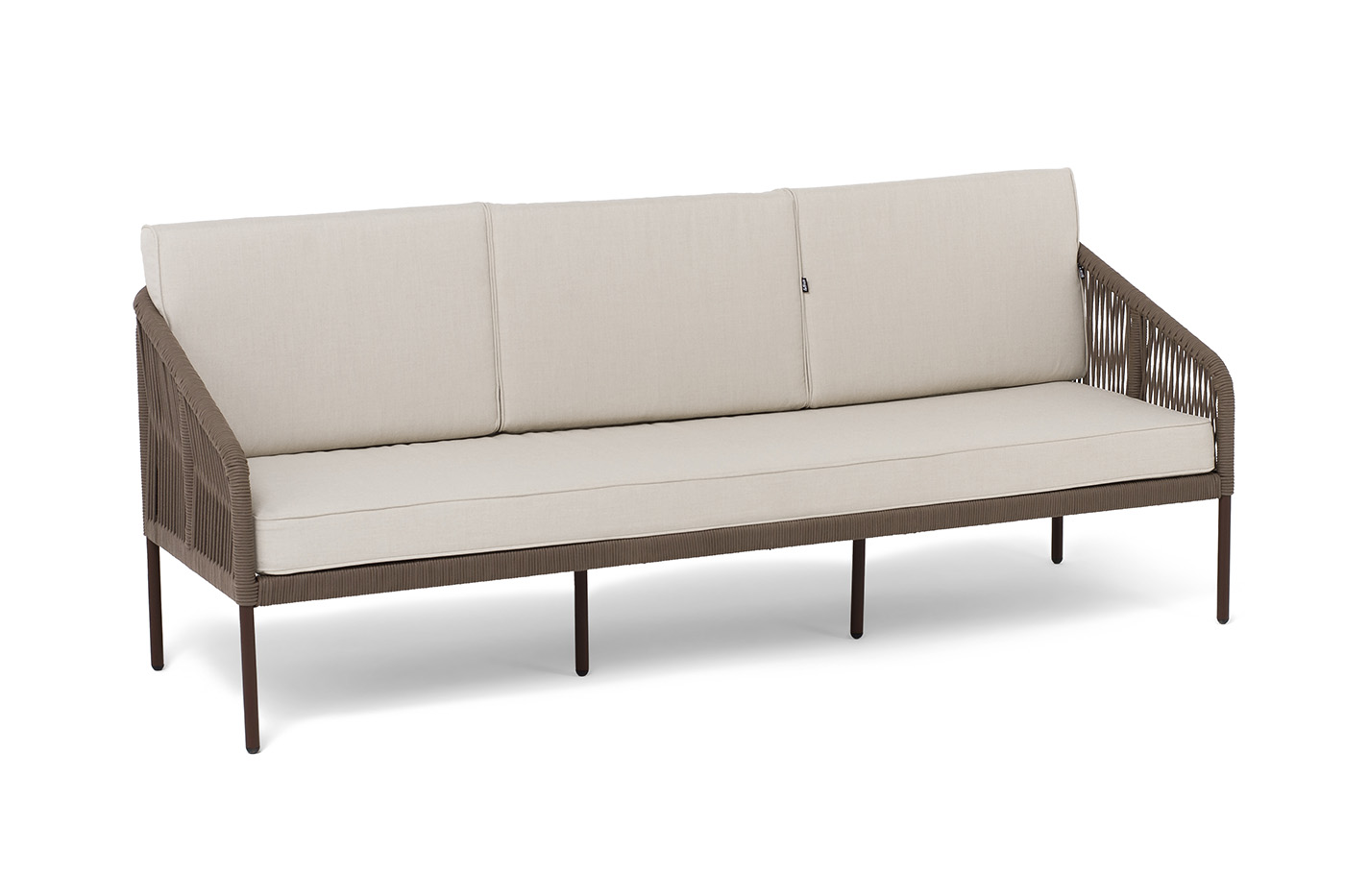фото "канны" диван 3-местный плетеный из роупа, каркас алюминий коричневый (ral8016) муар, роуп коричневый круглый, ткань бежевая 035