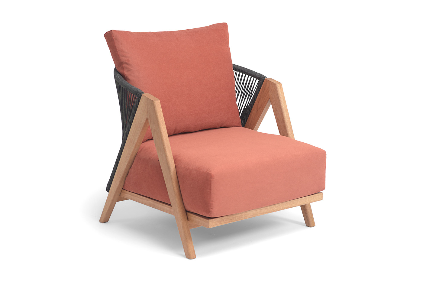 фото "гарда" кресло плетеное из роупа, основание дуб, роуп темно-серый круглый, ткань терракотовая