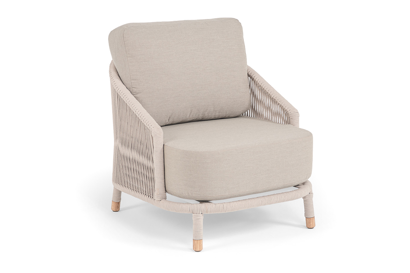 фото "верона" кресло плетеное из роупа, каркас алюминий белый муар, роуп бежевый круглый, ткань бежевая 15052