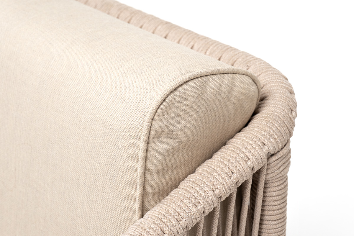 фото "канны" кресло плетеное из роупа, каркас алюминий белый, муар, роуп бежевый круглый, ткань бежевая 035