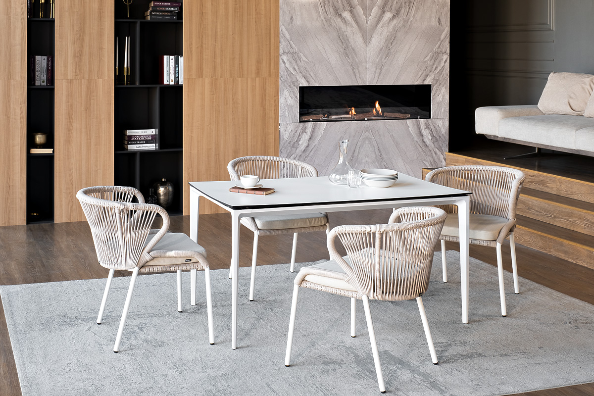 фото "малага" обеденная группа на 4 персоны со стульями "милан", каркас белый, роуп бежевый