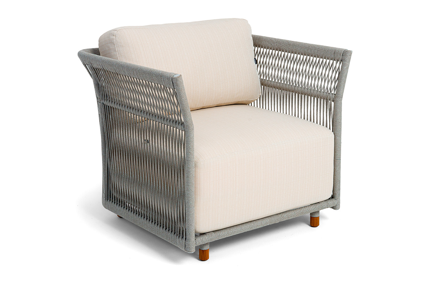 фото "лугано" кресло плетеное из роупа, каркас алюминий светло-серый (ral7035) муар, роуп серый меланж круглый, ткань mossle светло-бежевая