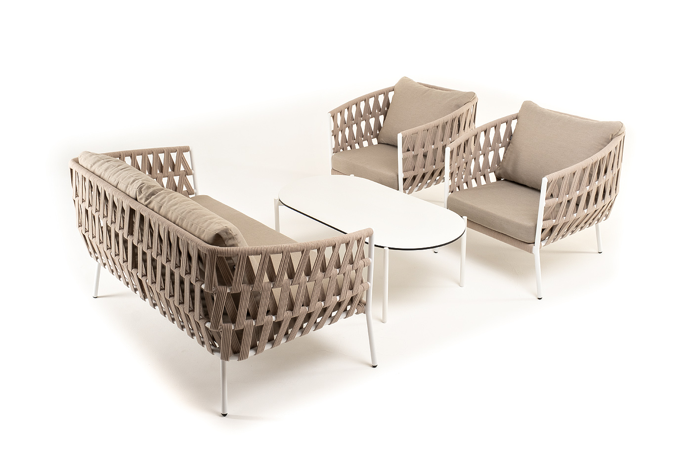 "Диего" лаунж-зона 4-местная плетеная из роупа (веревки), каркас алюминиевый белый, роуп бежевый фото "диего" лаунж-зона 4-местная плетеная из роупа (веревки), каркас алюминиевый белый, роуп бежевый