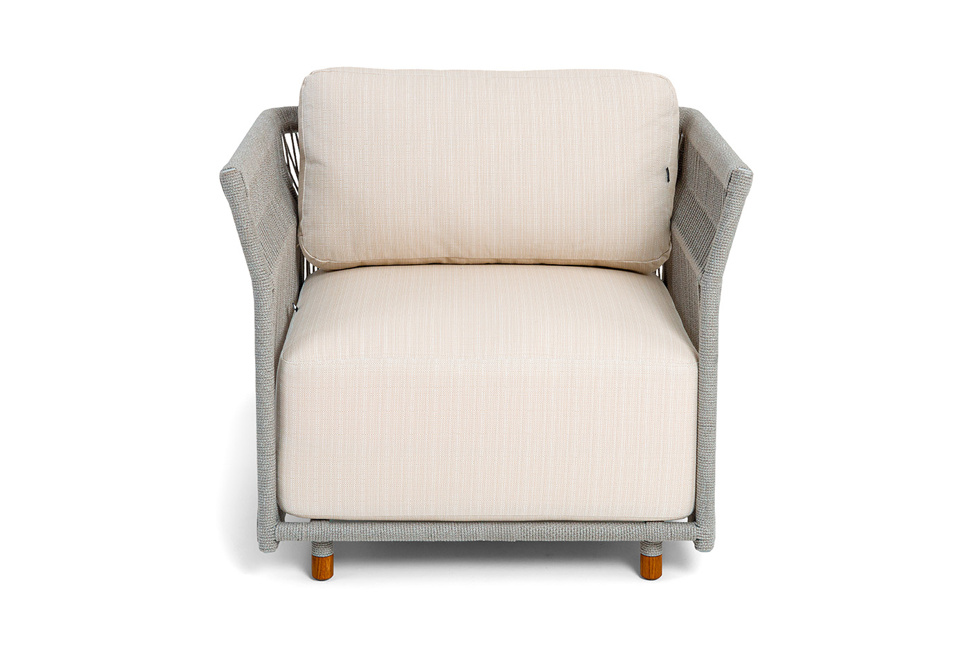 фото "лугано" кресло плетеное из роупа, каркас алюминий светло-серый (ral7035) муар, роуп серый меланж круглый, ткань mossle светло-бежевая