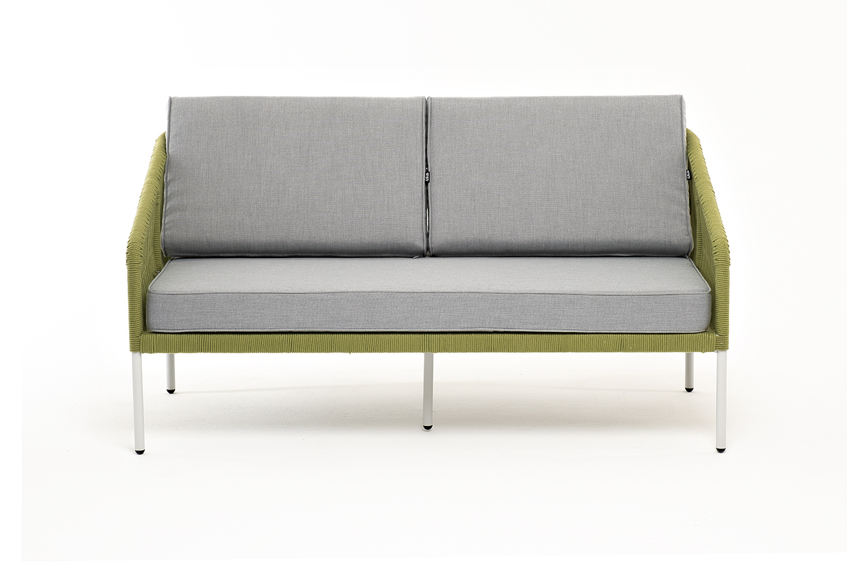 фото "канны" диван 2-местный плетеный из роупа, каркас алюминий светло-серый (ral7035) муар, роуп салатовый меланж круглый, ткань светло-серая