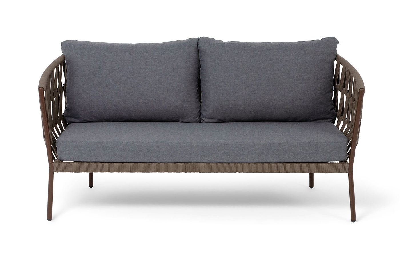 фото "диего" диван 2-местный плетеный из роупа, каркас алюминий коричневый (ral8016) муар, роуп коричневый круглый, ткань темно-серая 027