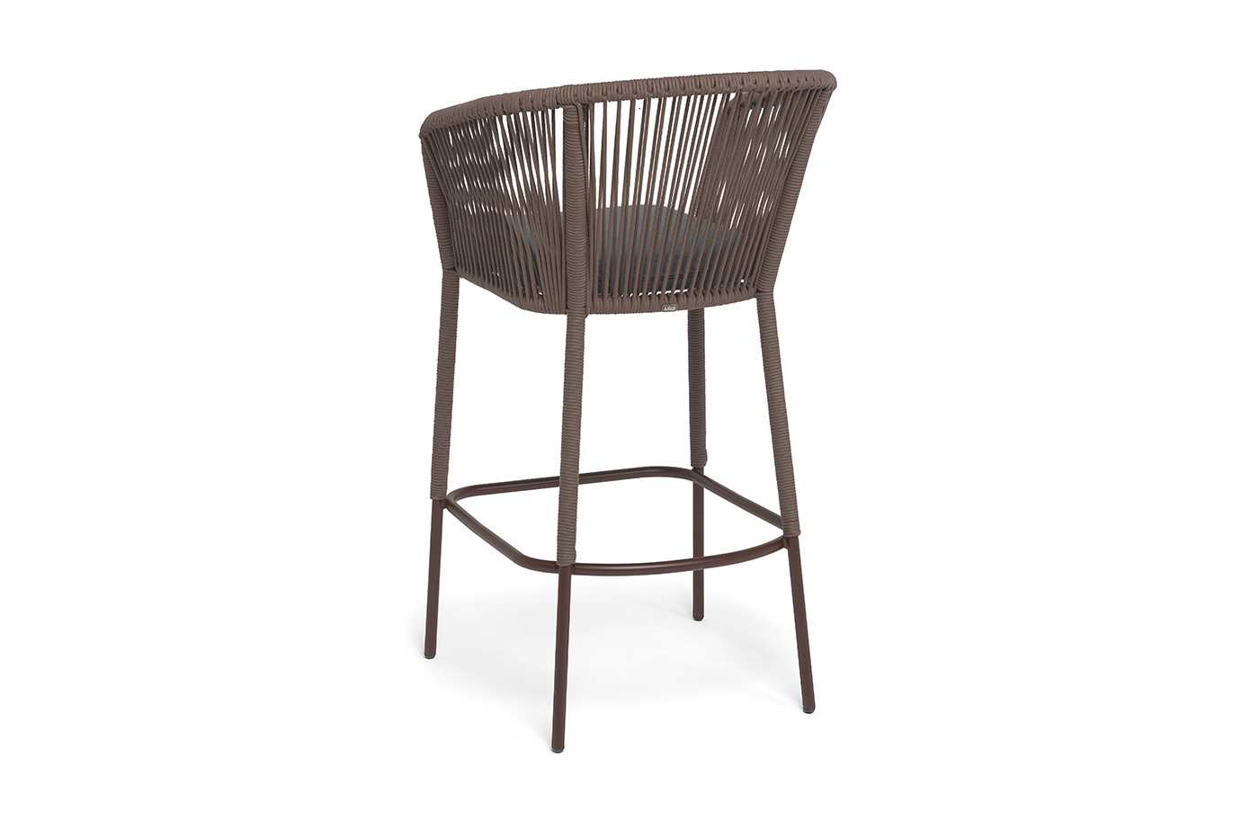 фото "марсель" стул барный плетеный из роупа, каркас из стали коричневый (ral8016) муар, роуп коричневый круглый, ткань темно-серая 027 new