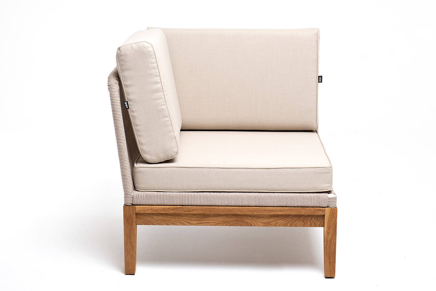 фото "канны" угловой модуль плетеный из роупа, основание дуб, роуп бежевый круглый, ткань бежевая 052