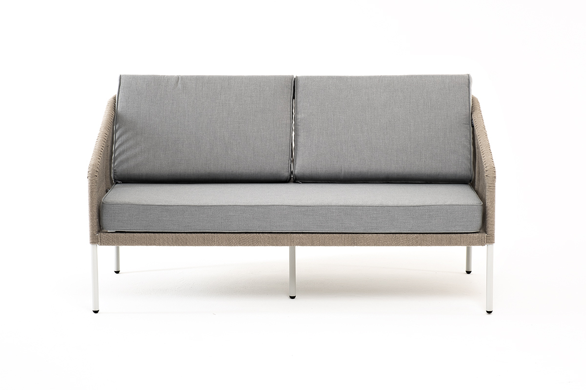 фото "канны" диван 2-местный плетеный из роупа, каркас алюминий светло-серый (ral7035) шагрень, роуп серый меланж круглый, ткань светло-серая