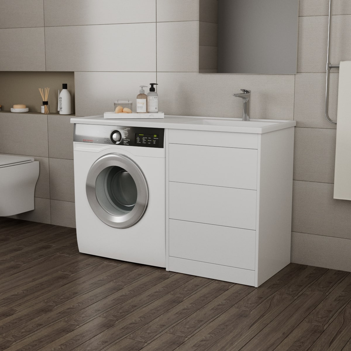 фото тумба с 3-мя ящ. и раковиной под стиральную машину nera 55, белая