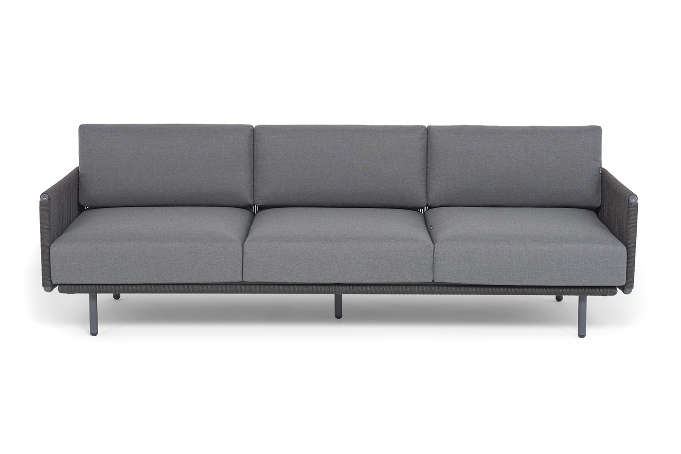 фото "джелло" диван 3-местный плетеный из роупа, каркас алюминий темно-серый (ral7024) муар, роуп темно-серый круглый, ткань темно-серая 027