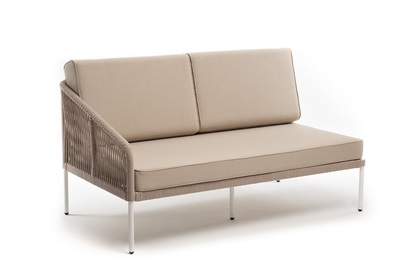 фото "канны" правый модуль плетеный из роупа, каркас алюминий белый муар, роуп бежевый круглый, ткань бежевая 15052