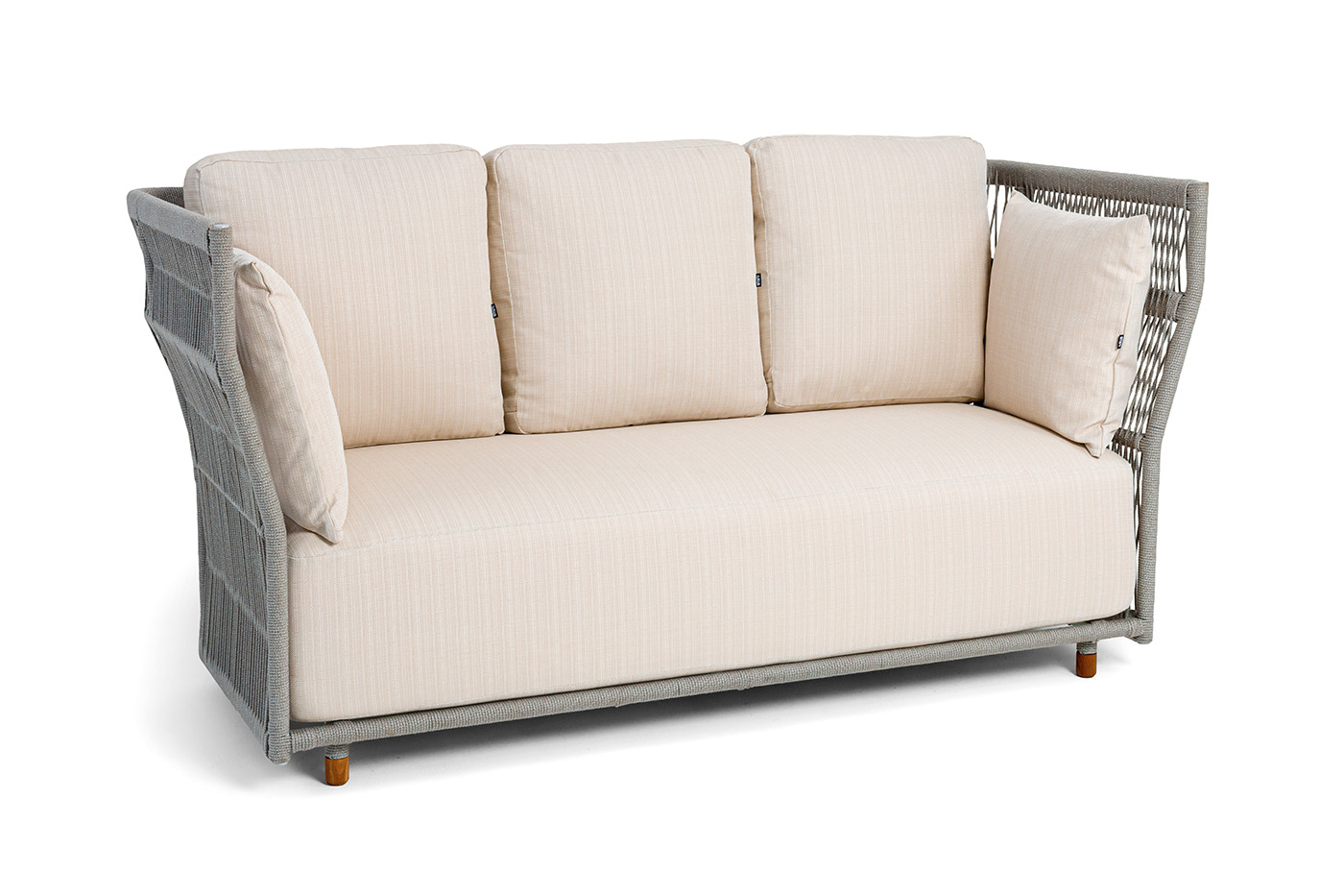 фото "лугано" диван 3-местный плетеный из роупа, каркас алюминий светло-серый (ral7035) муар, роуп серый меланж круглый, ткань mossle светло-бежевая